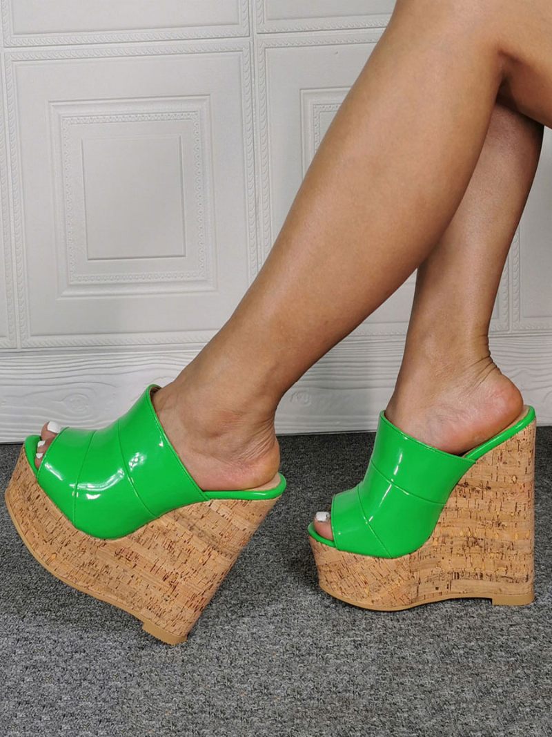 Talons Compensés Pour Femmes Bout Ouvert Chaussures Compensées Supérieures Pu Verni - Vert Herbe