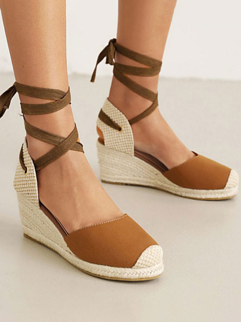 Talons Compensés Pour Femmes À Lacets Et Bout Rond Terry Wedges - Camel