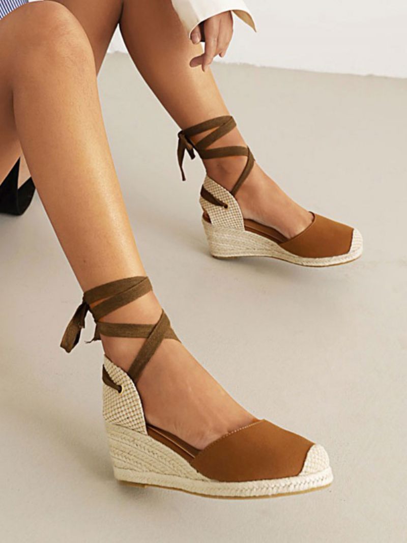 Talons Compensés Pour Femmes À Lacets Et Bout Rond Terry Wedges - Camel