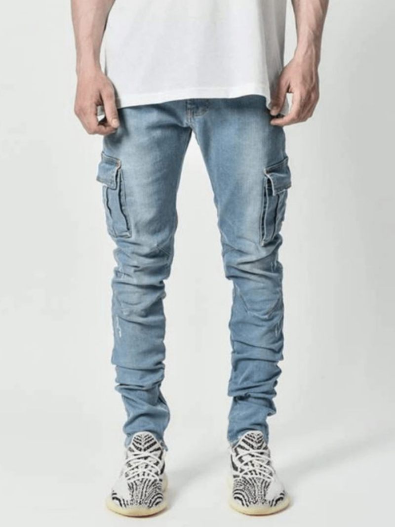 Jean Décontracté Détresse Pour Hommes Pantalon Denim Bleu Ciel Clair Slim Design Antique