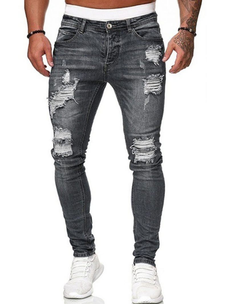 Jeans Pour Hommes Chic Détresse Antique Design Skinny Bleu Profond - Gris