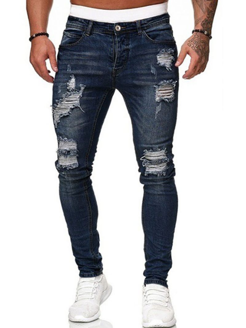 Jeans Pour Hommes Chic Détresse Antique Design Skinny Bleu Profond - Bleu