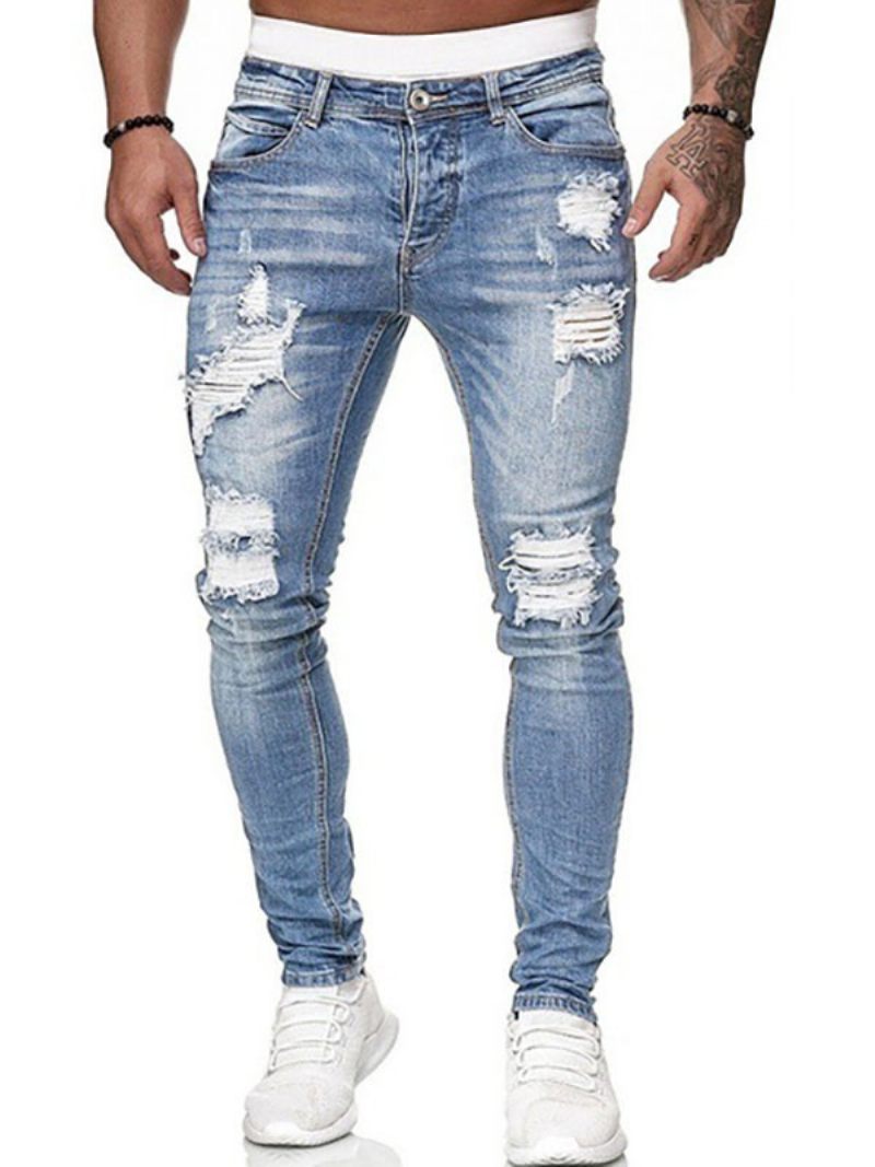 Jeans Pour Hommes Chic Détresse Antique Design Skinny Bleu Profond - Bleu Ciel Clair