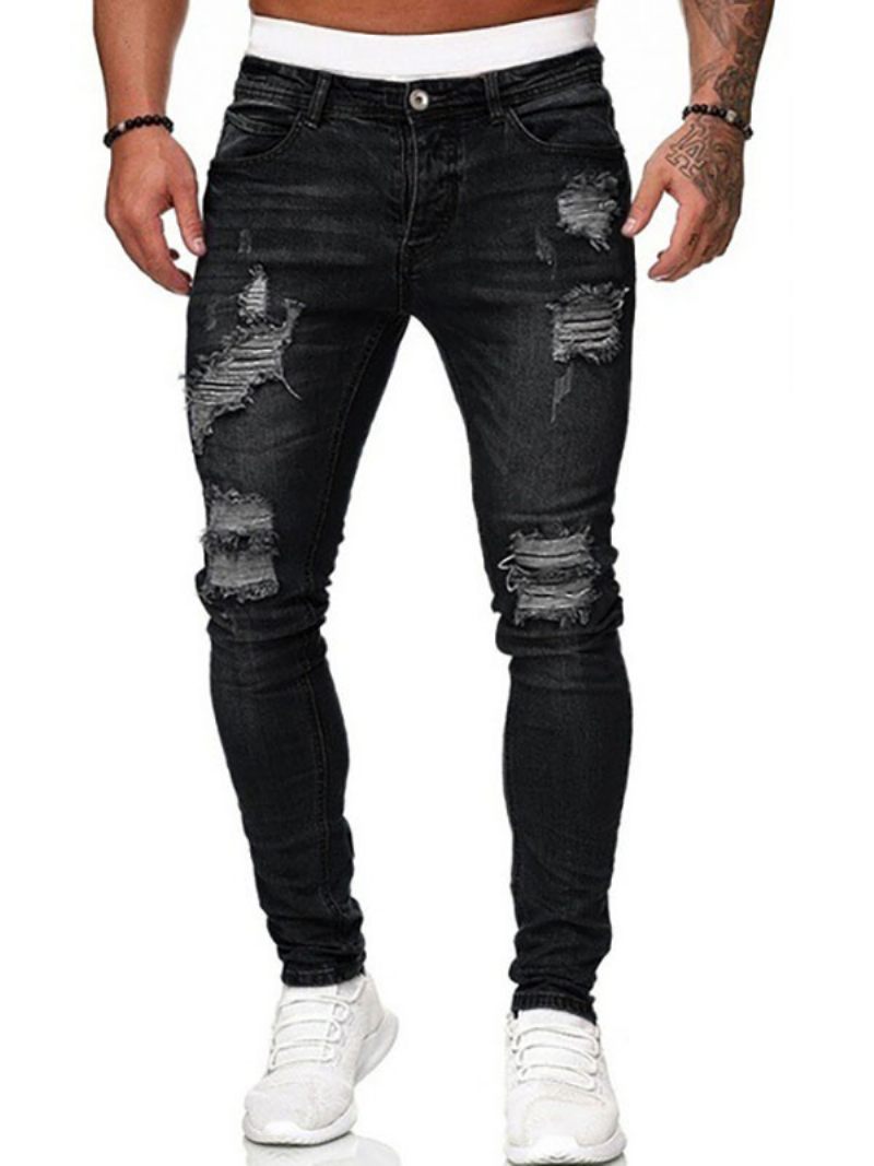 Jeans Pour Hommes Chic Détresse Antique Design Skinny Bleu Profond - Noir