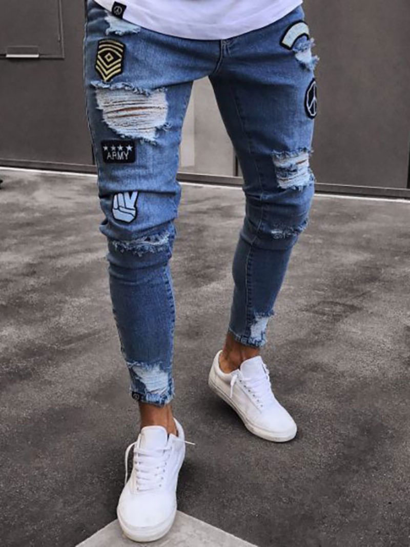 Jeans Pour Hommes Chic Vieilli Design Antique Skinny Bleu Ciel Clair Profond