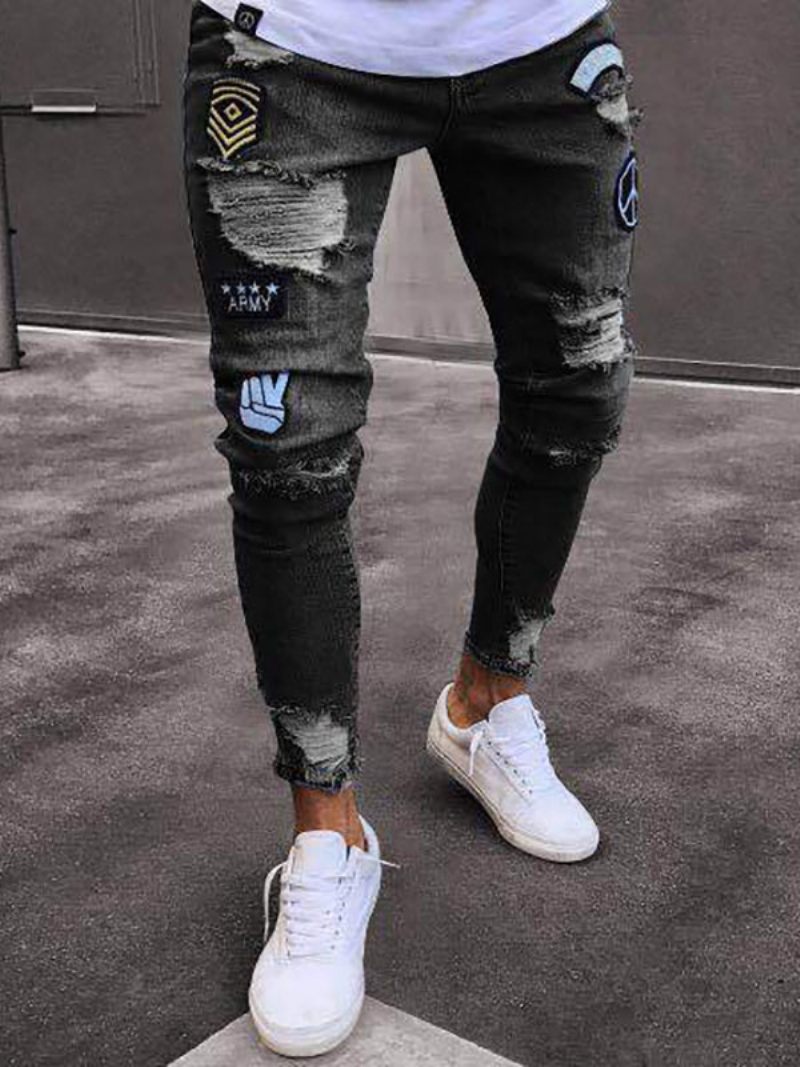 Jeans Pour Hommes Chic Vieilli Design Antique Skinny Bleu Ciel Clair Profond - Noir