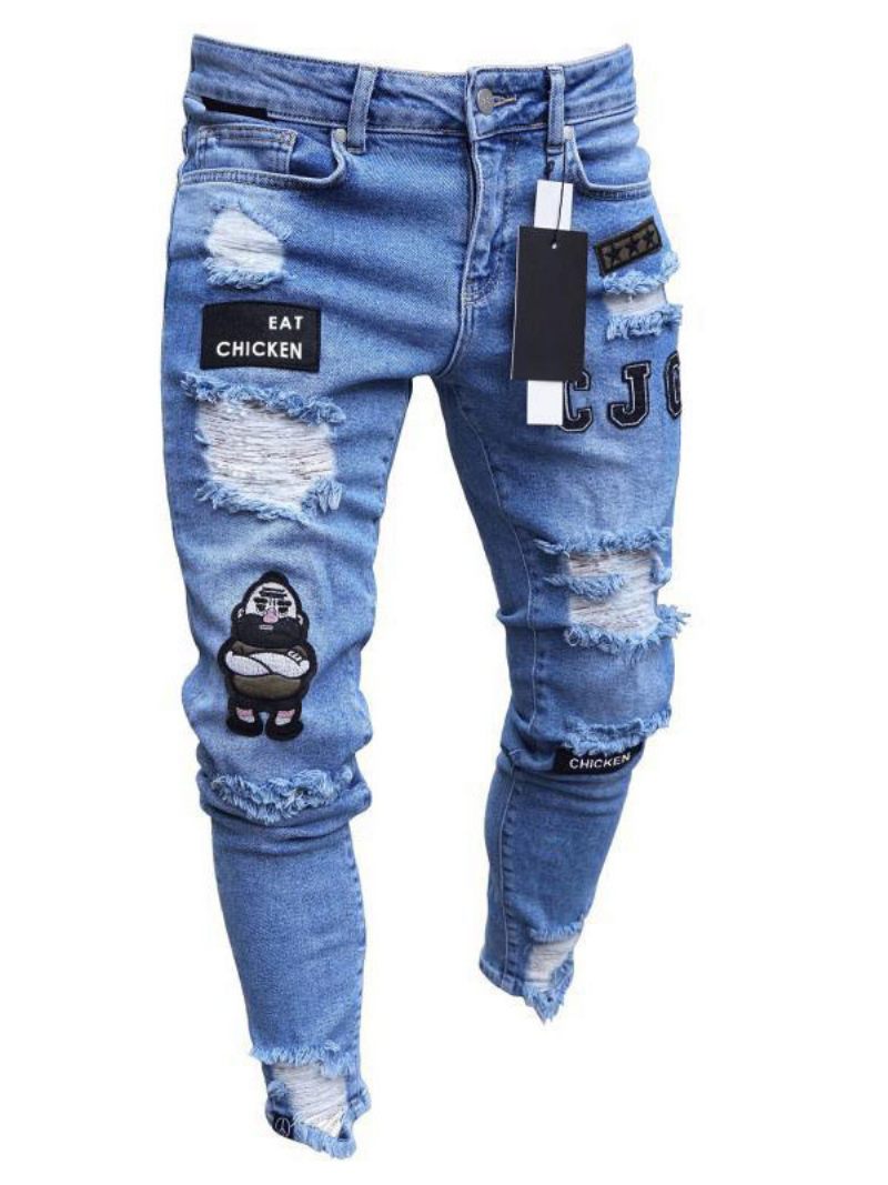 Jeans Pour Hommes Mode Chic Détresse Design Antique Skinny Blanc Noir - Bleu Ciel Clair