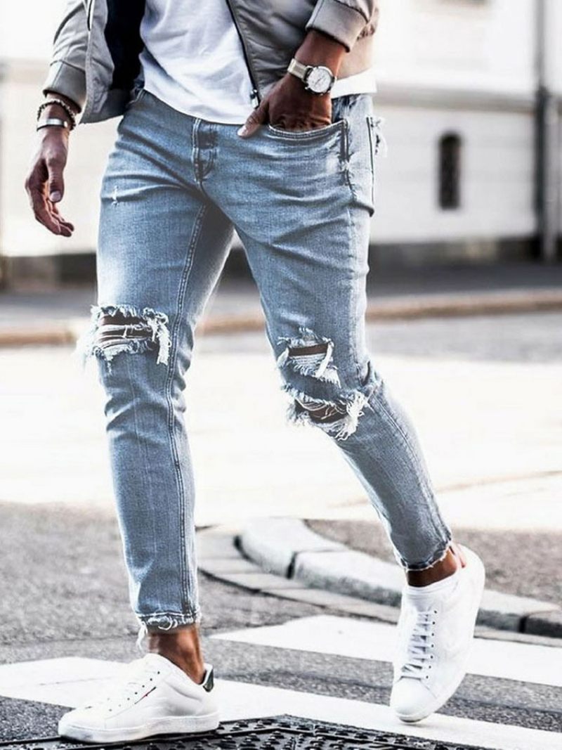 Jeans Pour Hommes Mode Chic Détresse Design Antique Skinny Bleu Ciel Clair - Bleu Ciel Clair