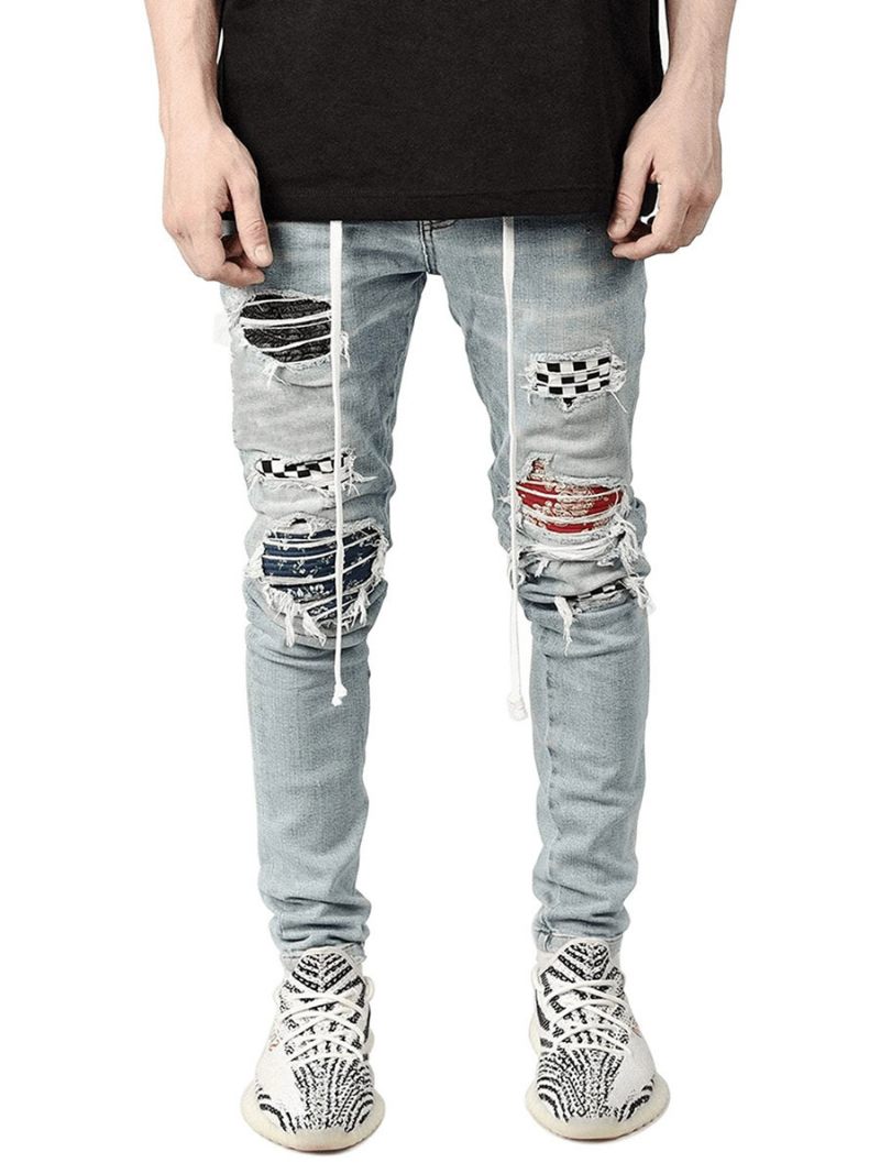 Jeans Pour Hommes Mode Chic Détresse Design Antique Skinny Bleu Ciel Clair Noir