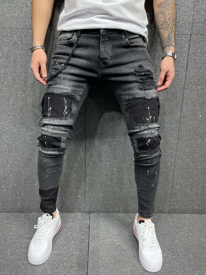 Jeans Pour Hommes Mode Chic Détresse Design Antique Skinny Noir