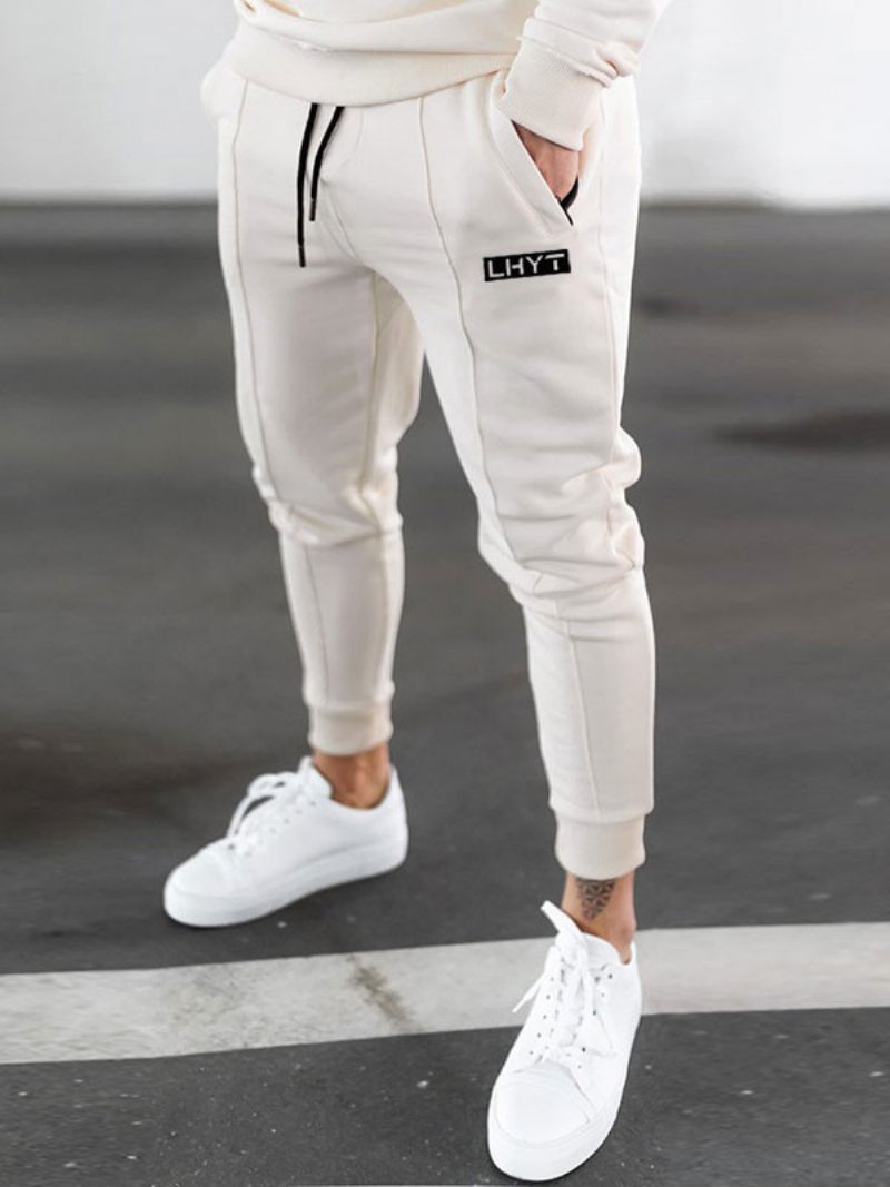 Pantalon Pour Hommes Décontracté Mots Imprimés Coupe Effilée Pantalons Survêtement Écru Blanc Longs