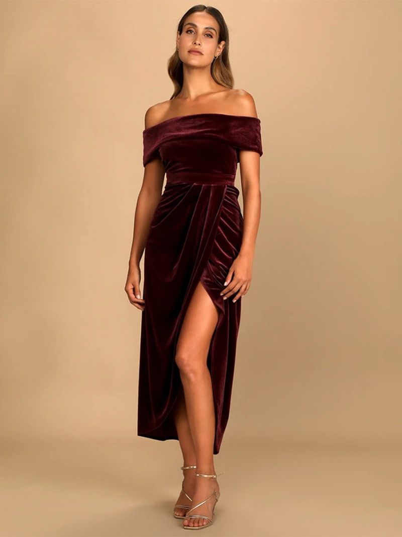 Robe Longue Velours Pour Femmes Épaules Dénudées Fente Haute Robes Bal Cocktail Plissées