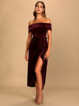 Robe Longue Velours Pour Femmes Épaules Dénudées Fente Haute Robes Bal Cocktail Plissées