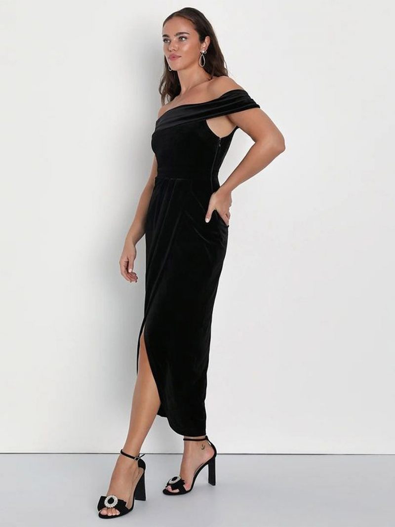 Robe Longue Velours Pour Femmes Épaules Dénudées Fente Haute Robes Bal Cocktail Plissées - Noir