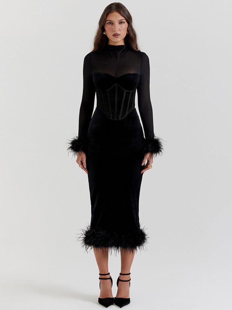 Robe À Plumes Noire Pour Femmes Manches Longues Robes Translucides Velours