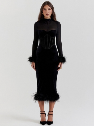 Robe À Plumes Noire Pour Femmes Manches Longues Robes Translucides Velours