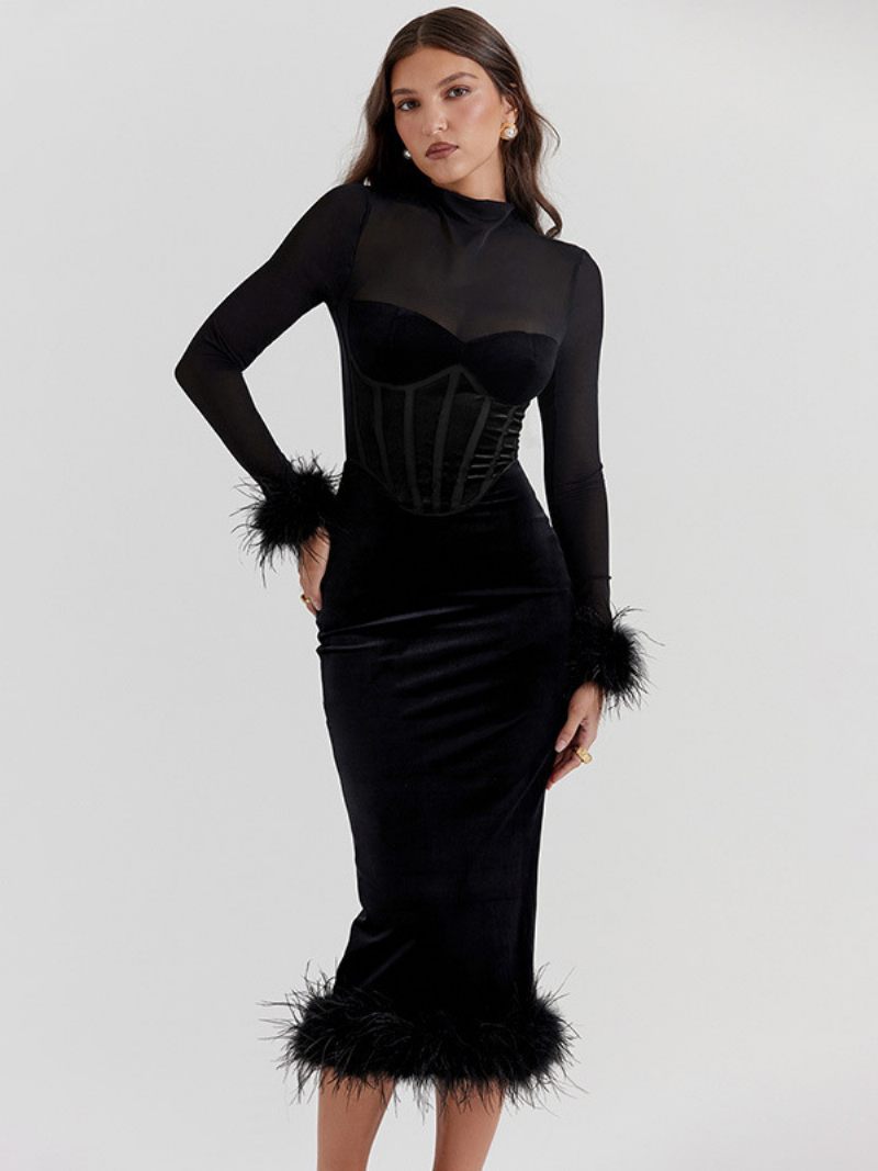 Robe À Plumes Noire Pour Femmes Manches Longues Robes Translucides Velours - Noir