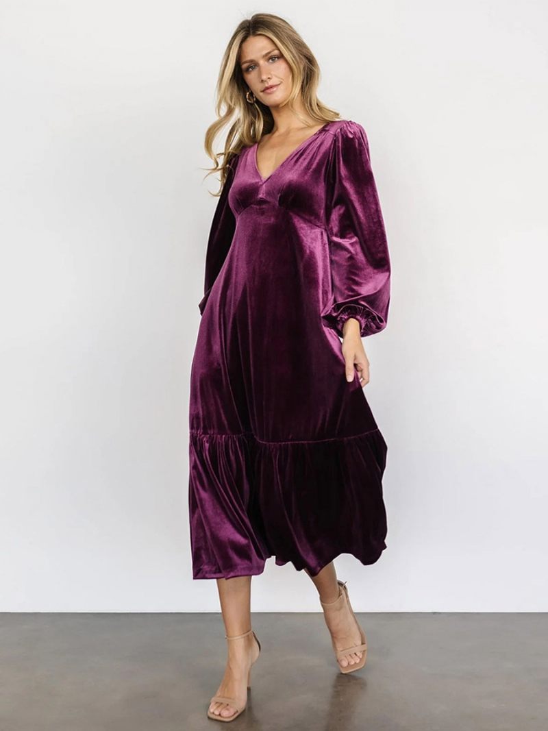 Robe Velours Pour Femmes Col V Manches Ballon Couleur Unie Robes Mi-longues D'hiver