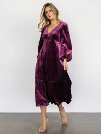 Robe Velours Pour Femmes Col V Manches Ballon Couleur Unie Robes Mi-longues D'hiver