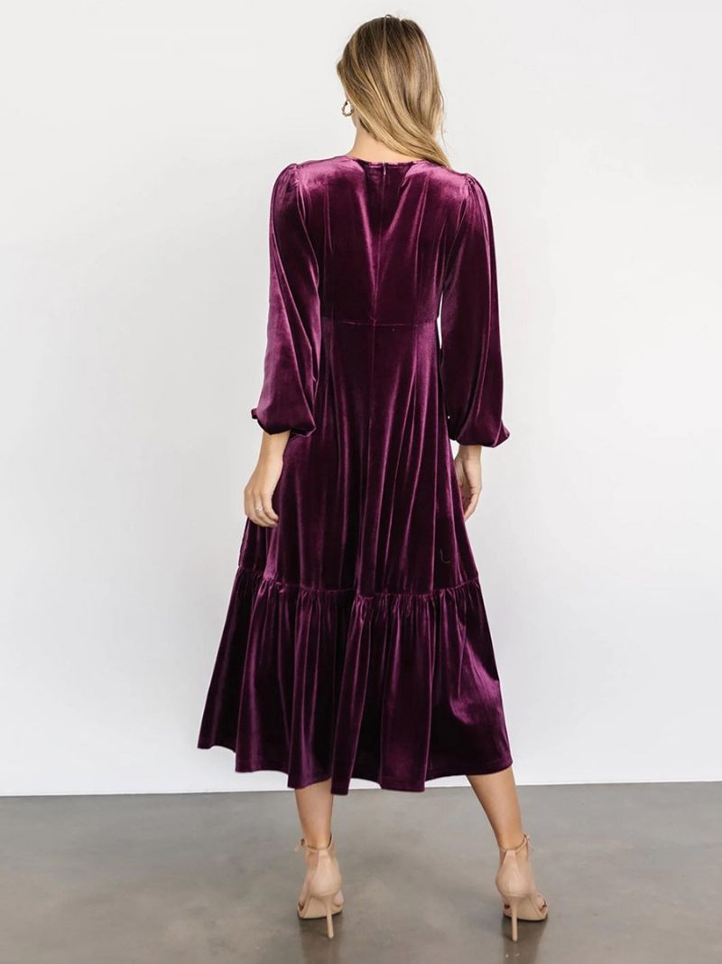 Robe Velours Pour Femmes Col V Manches Ballon Couleur Unie Robes Mi-longues D'hiver - Violet