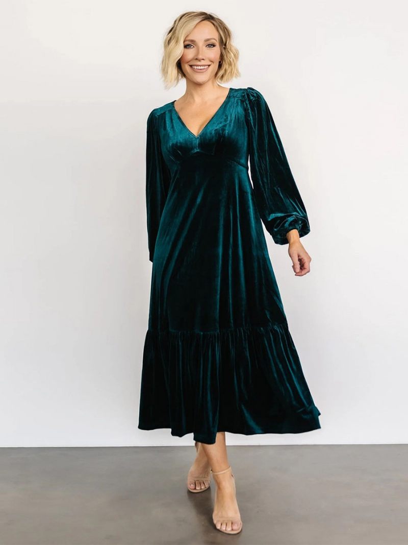 Robe Velours Pour Femmes Col V Manches Ballon Couleur Unie Robes Mi-longues D'hiver - Vert Foncé