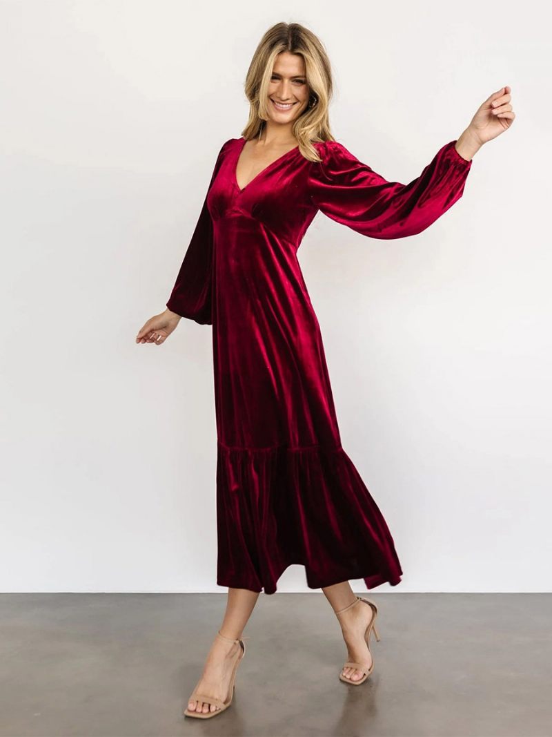 Robe Velours Pour Femmes Col V Manches Ballon Couleur Unie Robes Mi-longues D'hiver - Bourgogne