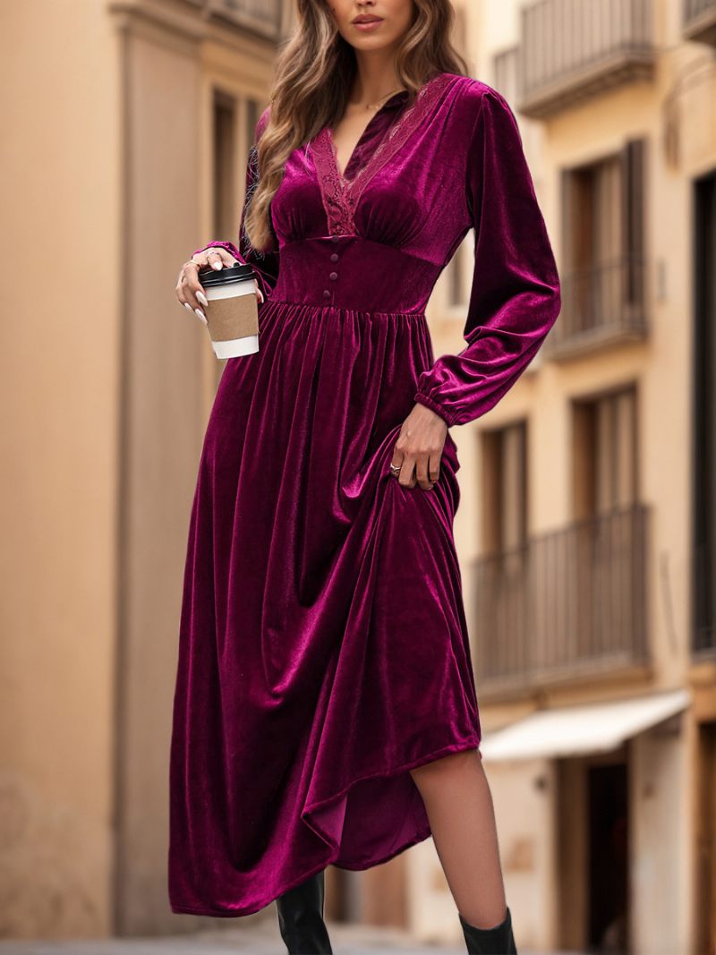 Robe Velours Pour Femmes Col V Manches Longues Robes Bordeaux - Bourgogne