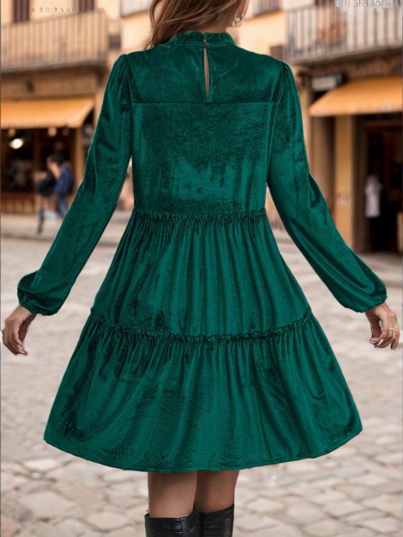 Robe Velours Pour Femmes Col À Volants Manches Longues Robes Jour Plissées Superposées - Vert Foncé