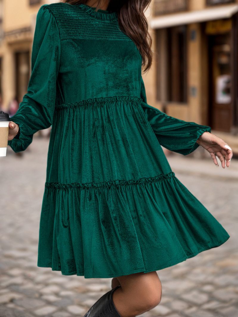 Robe Velours Pour Femmes Col À Volants Manches Longues Robes Jour Plissées Superposées - Vert Foncé