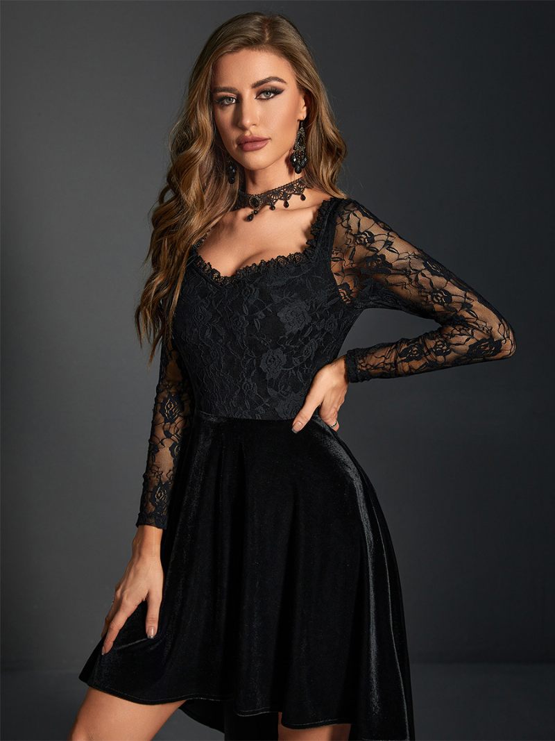 Robe Velours Pour Femmes Décolleté Cœur Corsage Dentelle Robes Jour Asymétriques - Noir