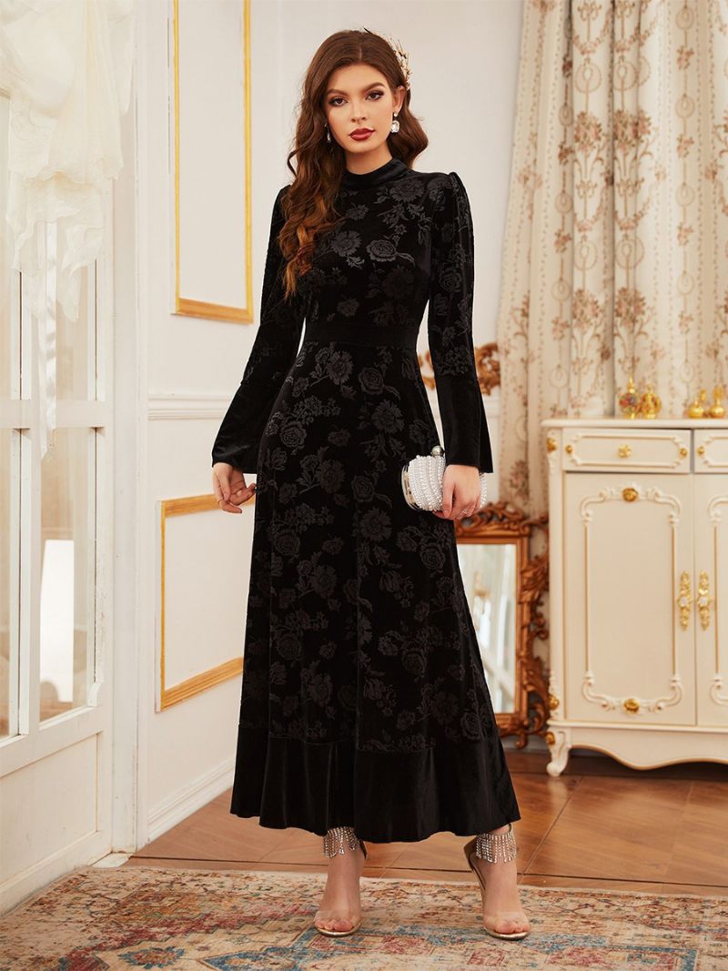 Robe Velours Pour Femmes Imprimé Col Bijou Manches Longues Robes Maxi Classiques D'hiver