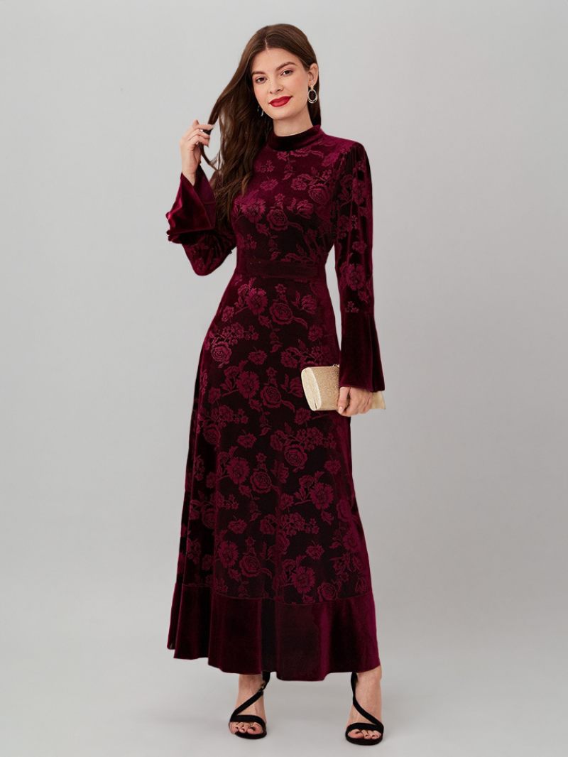 Robe Velours Pour Femmes Imprimé Col Bijou Manches Longues Robes Maxi Classiques D'hiver - Bourgogne