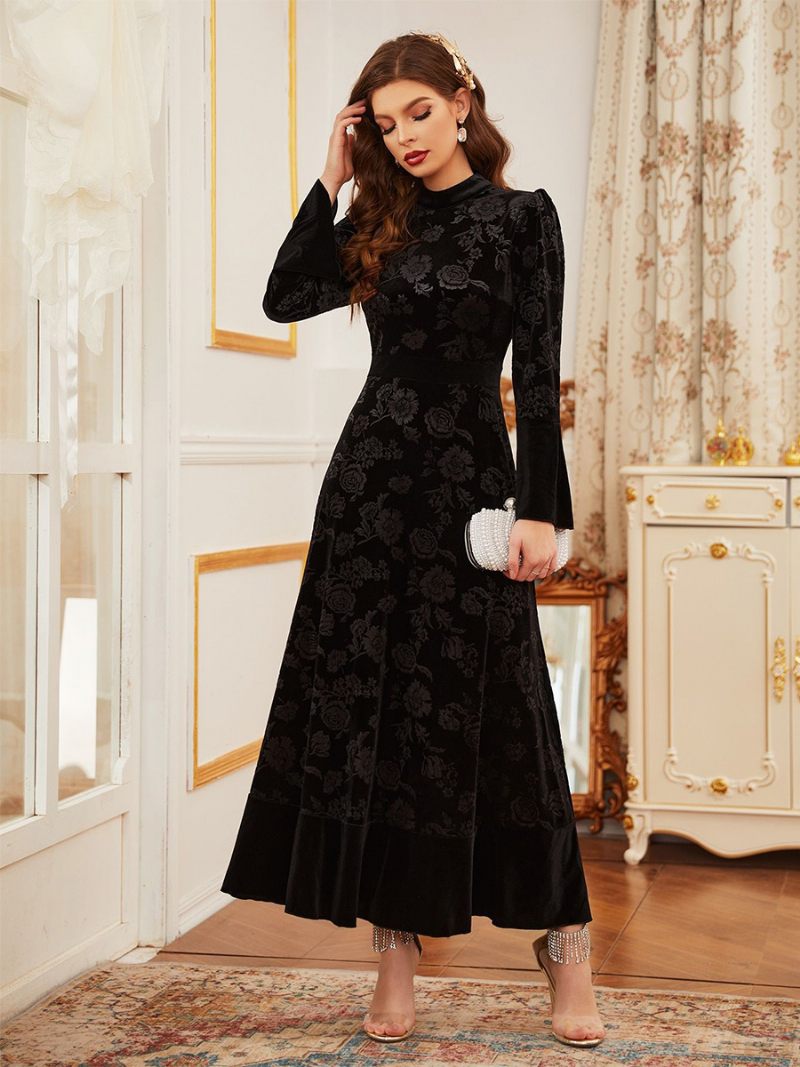 Robe Velours Pour Femmes Imprimé Col Bijou Manches Longues Robes Maxi Classiques D'hiver - Noir