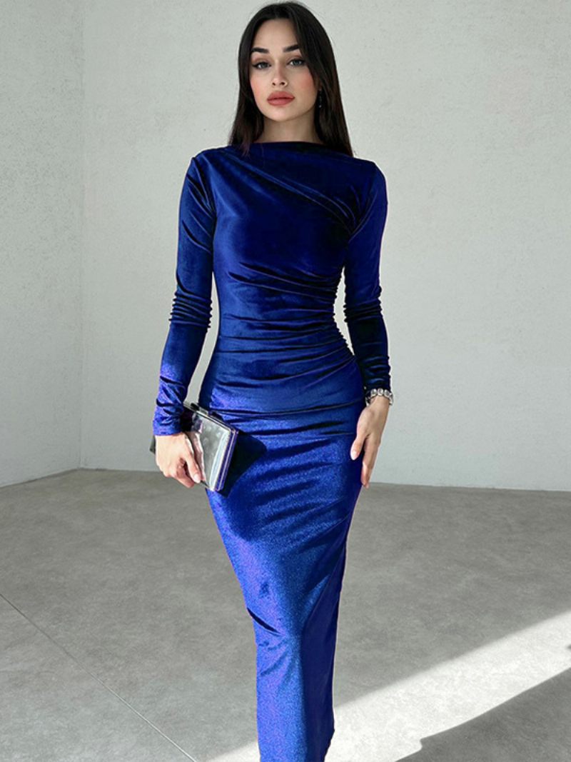 Robe Velours Pour Femmes Noire Plissée Manches Longues Col Bijou Robes Maxi Rencontres - Bleu