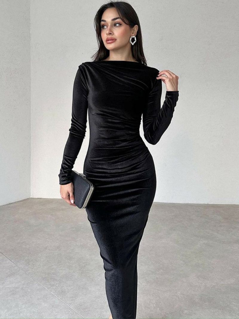 Robe Velours Pour Femmes Noire Plissée Manches Longues Col Bijou Robes Maxi Rencontres - Noir