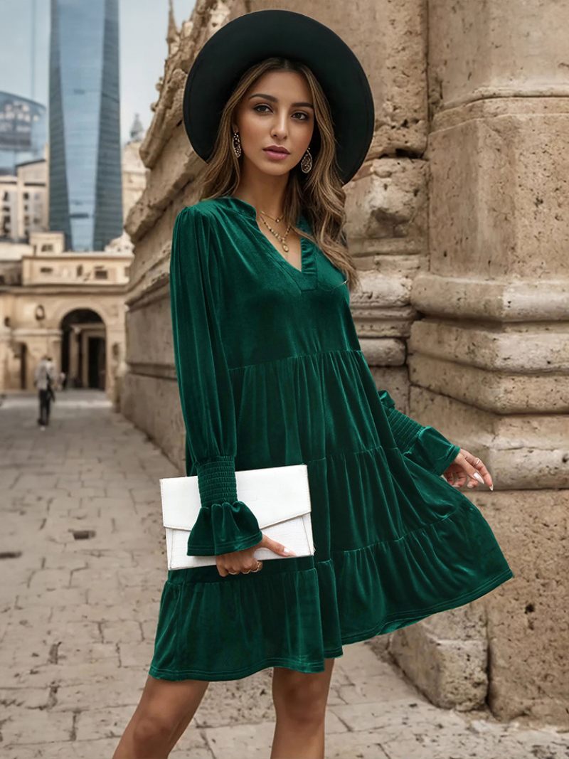 Robe Velours Vert Foncé Pour Femmes Col V Manches À Volants Robes Plissées Superposées