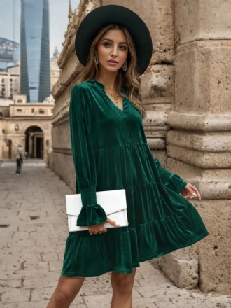 Robe Velours Vert Foncé Pour Femmes Col V Manches À Volants Robes Plissées Superposées