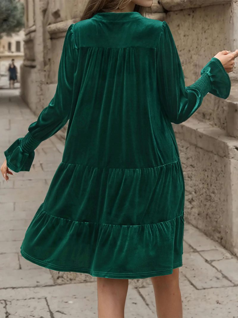 Robe Velours Vert Foncé Pour Femmes Col V Manches À Volants Robes Plissées Superposées - Vert Foncé