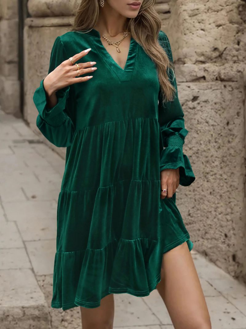 Robe Velours Vert Foncé Pour Femmes Col V Manches À Volants Robes Plissées Superposées - Vert Foncé