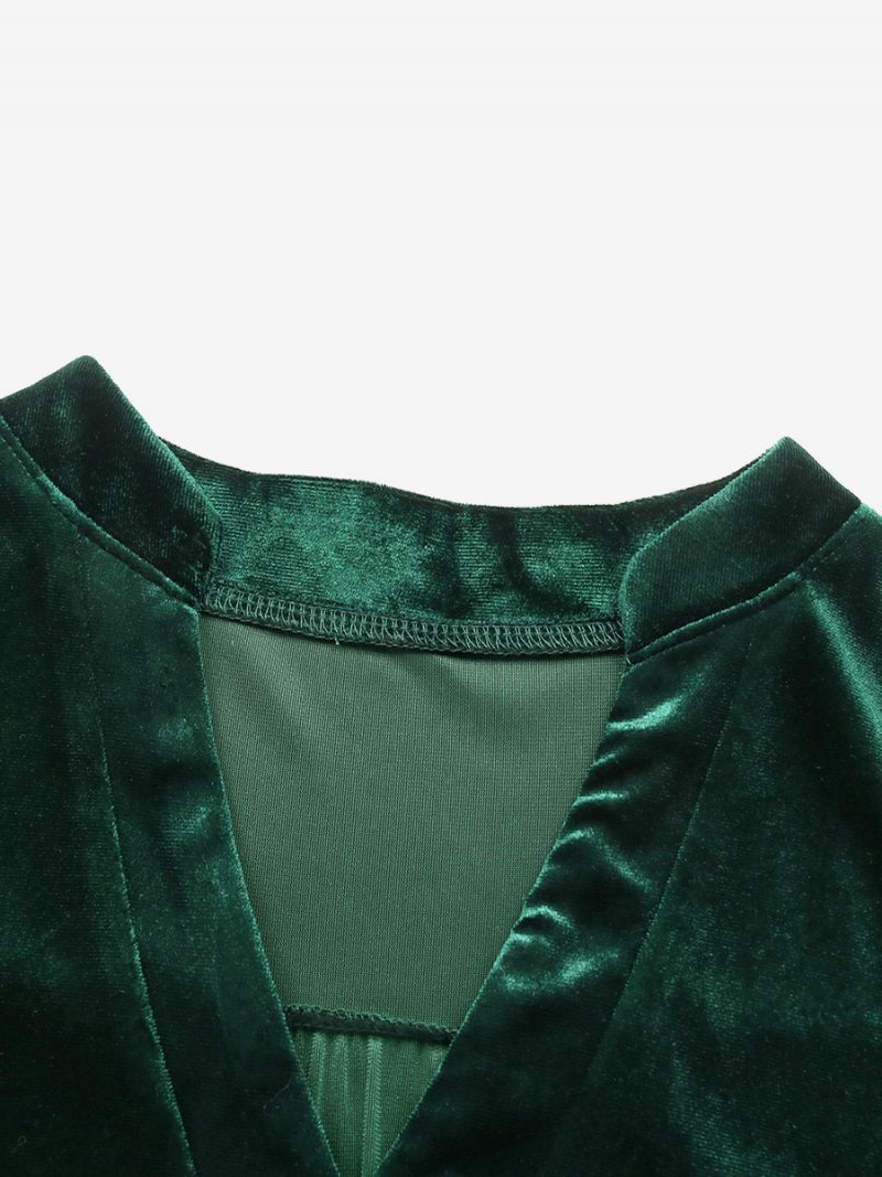 Robe Velours Vert Foncé Pour Femmes Col V Manches À Volants Robes Plissées Superposées - Vert Foncé