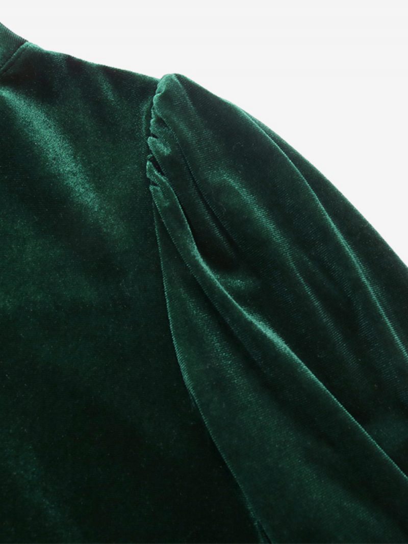 Robe Velours Vert Foncé Pour Femmes Col V Manches À Volants Robes Plissées Superposées - Vert Foncé