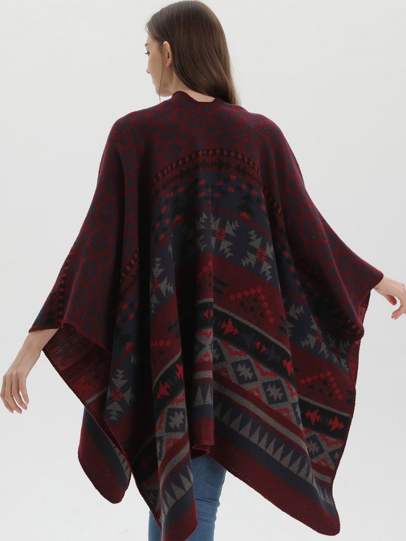 Bohème Femmes Cape Géométrique Surdimensionné Automne Hiver Poncho - Bourgogne