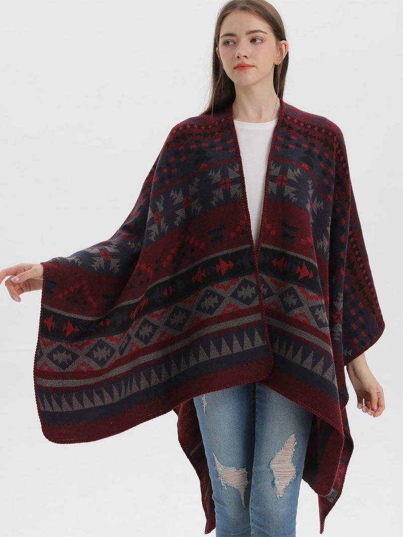 Bohème Femmes Cape Géométrique Surdimensionné Automne Hiver Poncho - Bourgogne