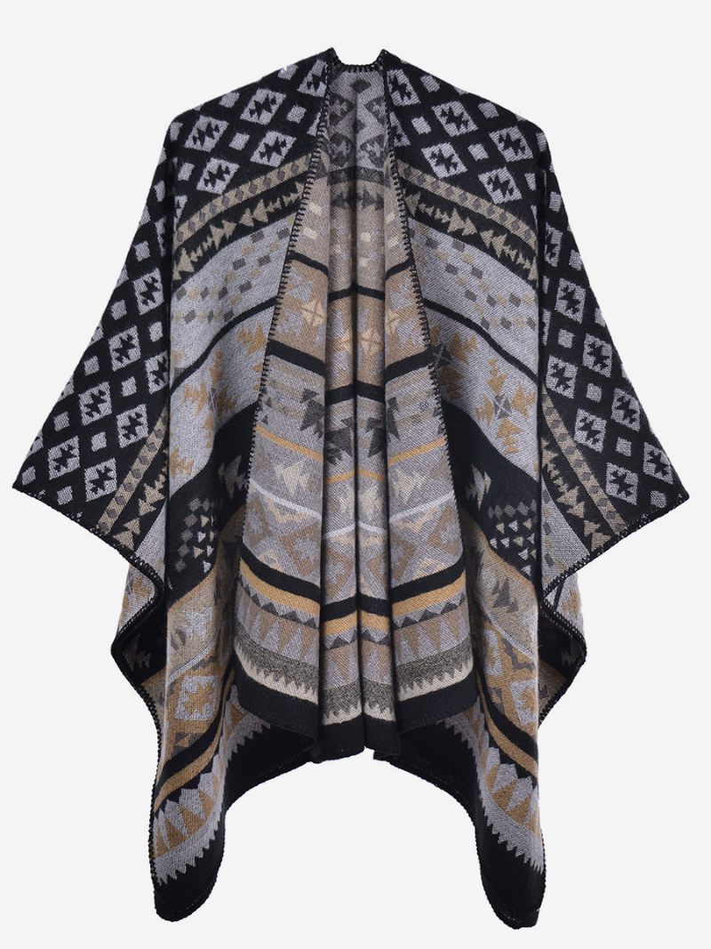 Bohème Femmes Cape Géométrique Surdimensionné Automne Hiver Poncho - Noir