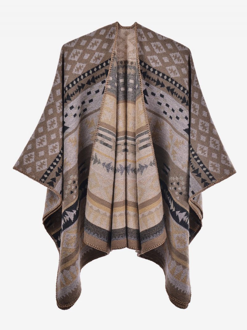 Bohème Femmes Cape Géométrique Surdimensionné Automne Hiver Poncho - Kaki