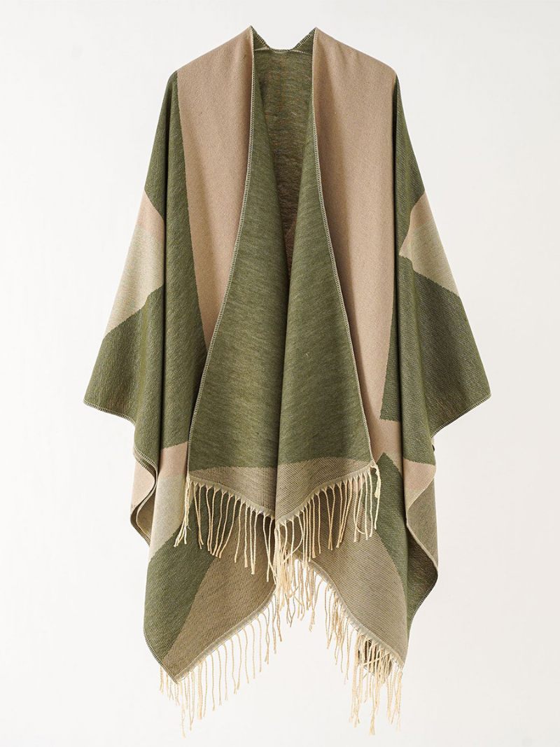 Cape Bicolore Pour Femme Poncho Décontracté Quotidien Avec Franges - Vert Chasseur