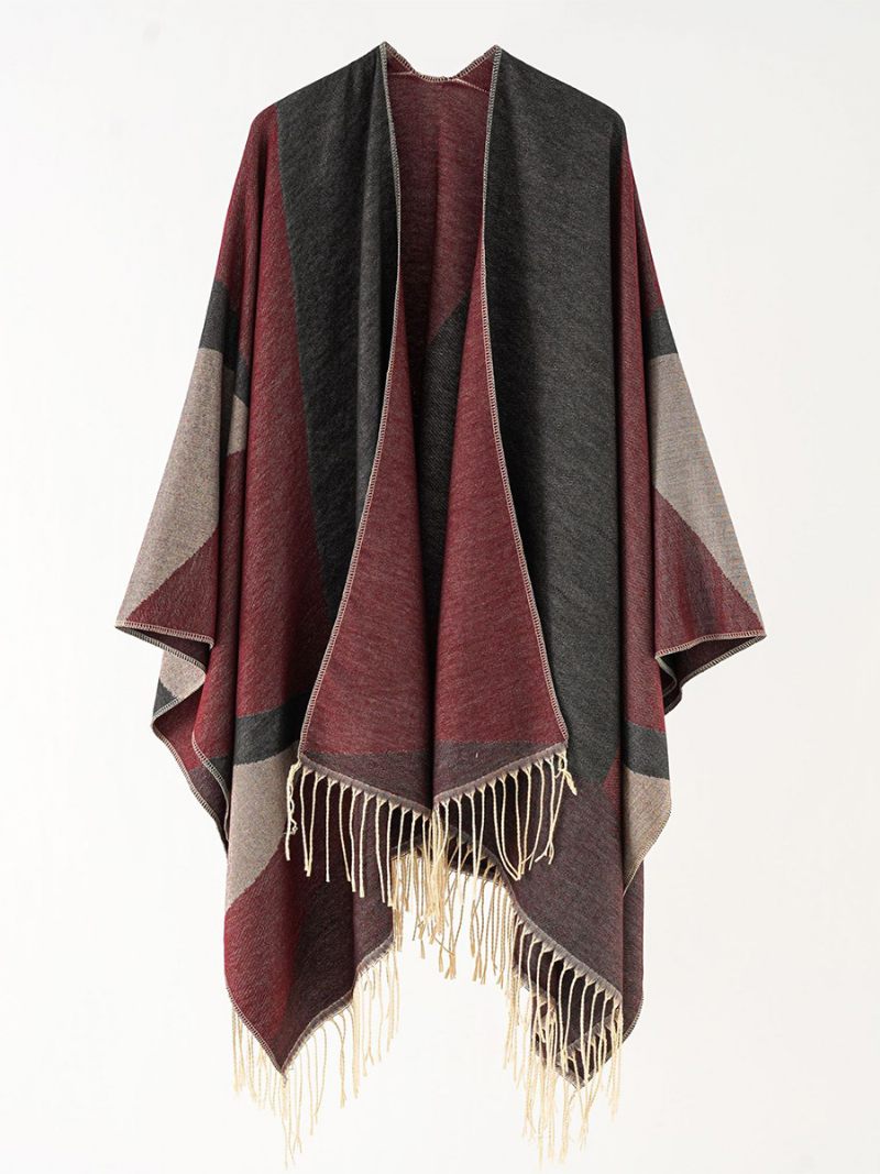 Cape Bicolore Pour Femme Poncho Décontracté Quotidien Avec Franges - Bourgogne