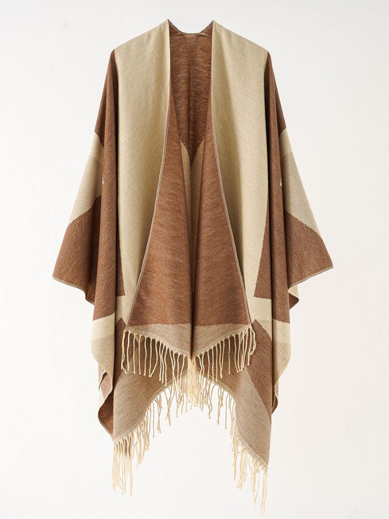 Cape Bicolore Pour Femme Poncho Décontracté Quotidien Avec Franges - Marron Café