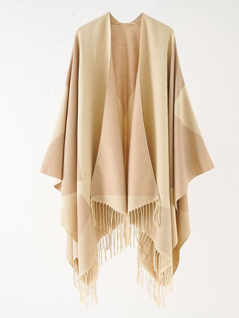 Cape Bicolore Pour Femme Poncho Décontracté Quotidien Avec Franges - Kaki