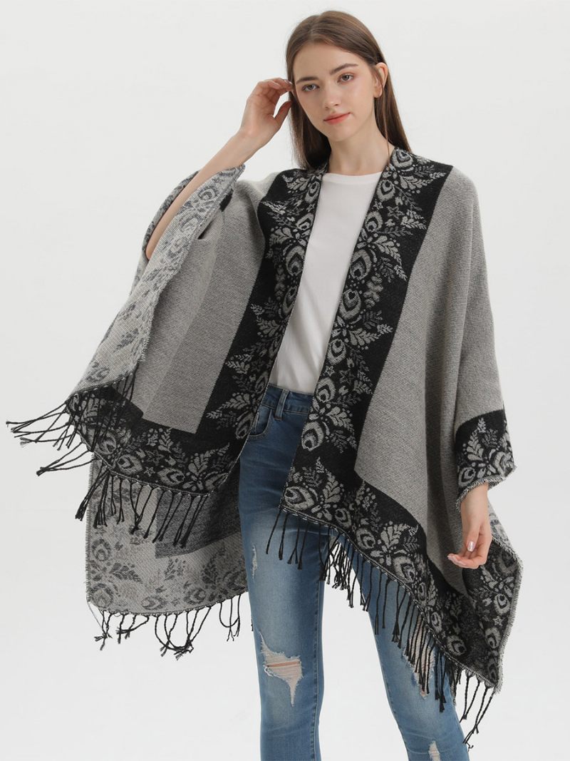 Cape Bohème À Franges Pour Femmes Imprimé Surdimensionné Ponchos Automne-hiver